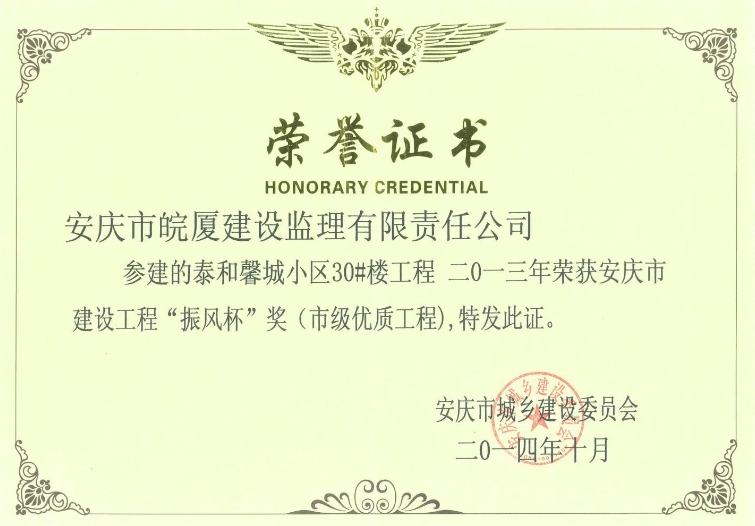 2013年安慶市建設(shè)工程“振風杯”獎（市級優(yōu)質(zhì)工程）